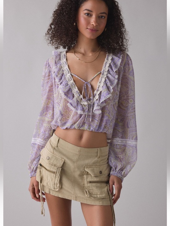 Urban Outfitters Tops - NWT Urban Outfitters Cecelia Sheer Lace Trim Ruffle Long Sleeve Blouse